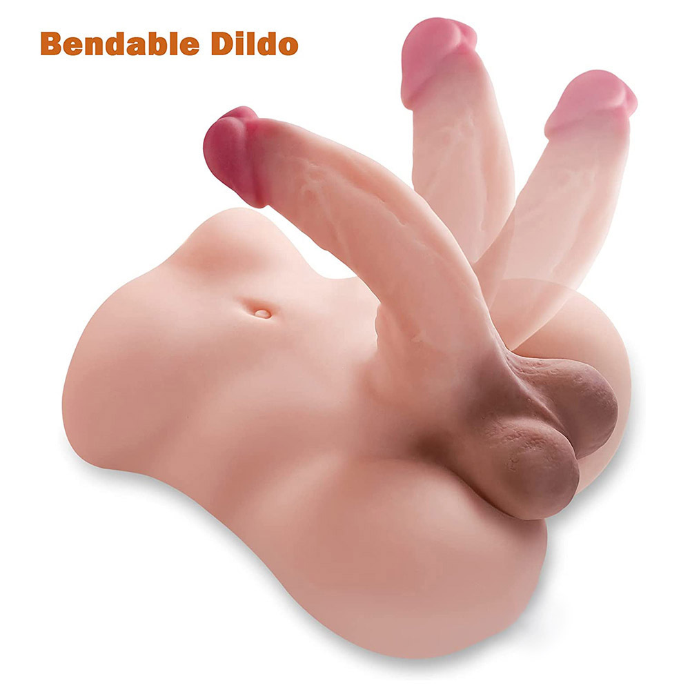 Realistic male torso sex doll with a flexible 7-inch erect dildo in various positions, body-safe TPE material, and 'Bendable Dildo' text at the top.