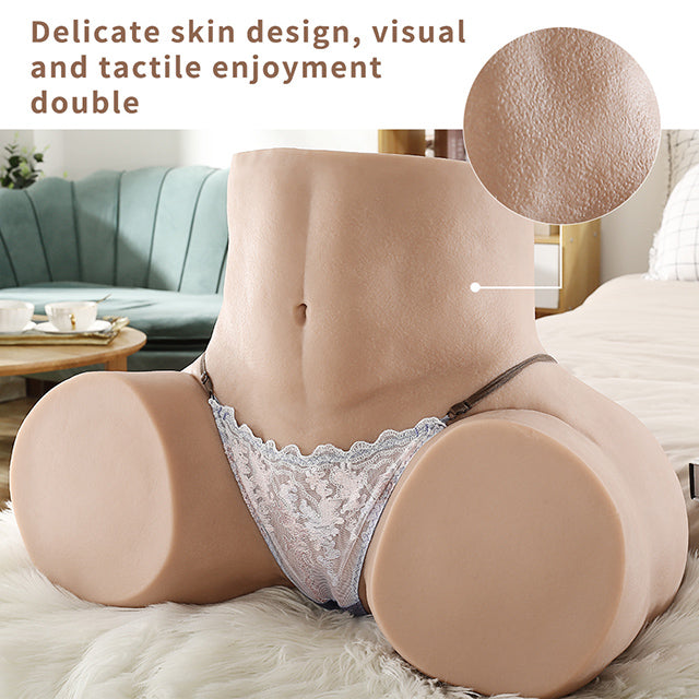 Big butt sex doll torso wearing lace underwear on a bed; showcases delicate, realistic skin design for both visual and tactile enjoyment.
