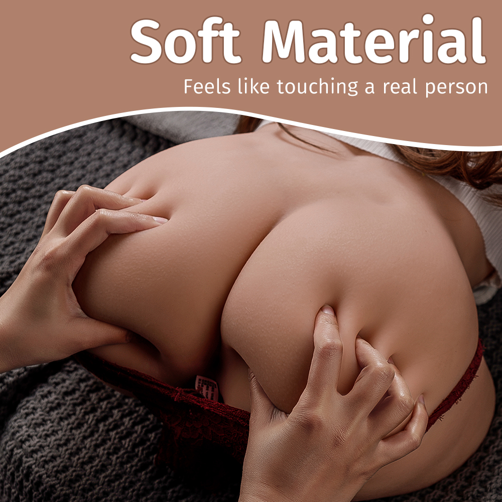 Hands squeezing Sophia Auto torso sex doll's buttocks showcasing its soft and realistic material. Text overlay reads 'Soft Material' and 'Feels like touching a real person'.