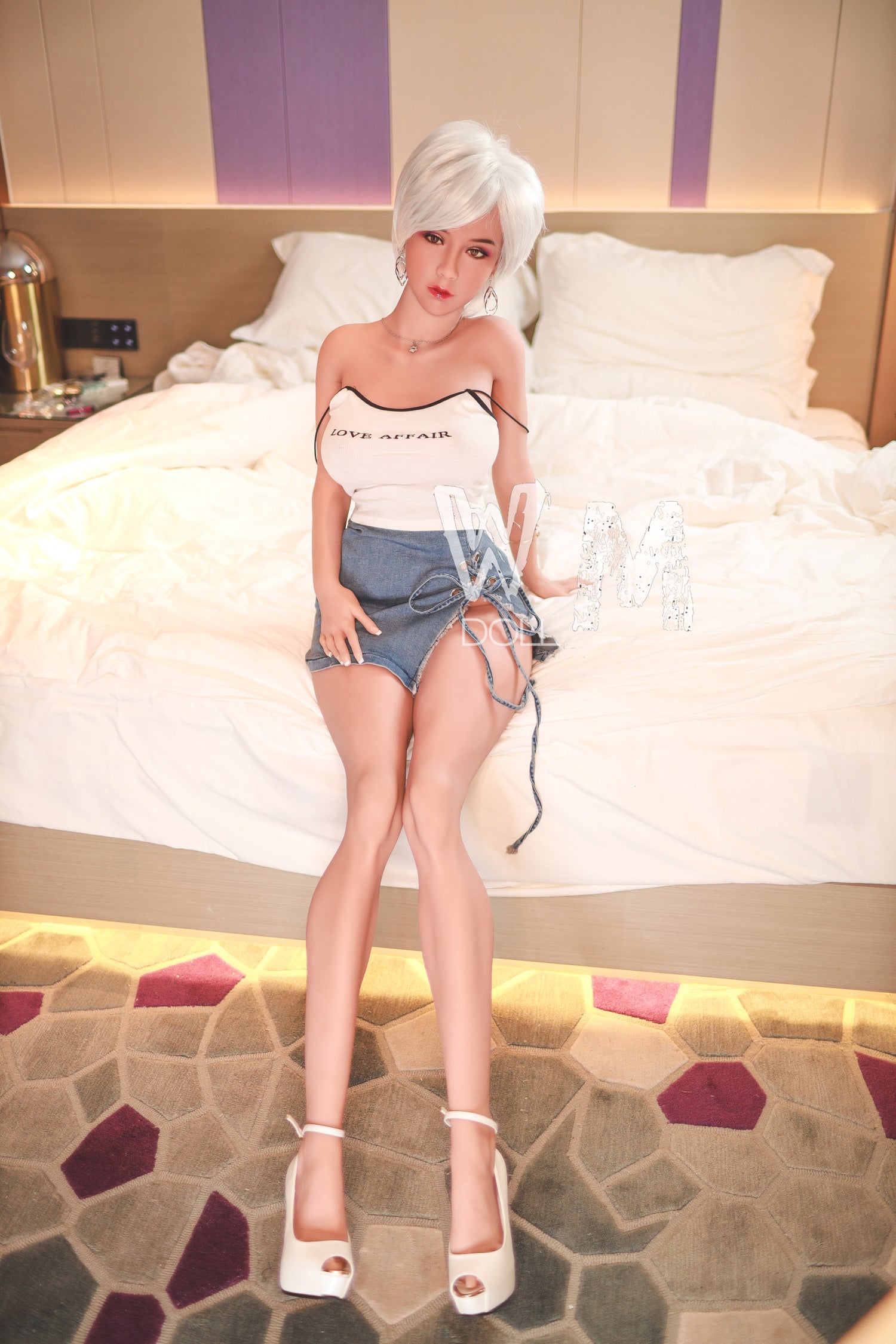 Yvette TPE sex doll wearing Love Affair top and denim skirt