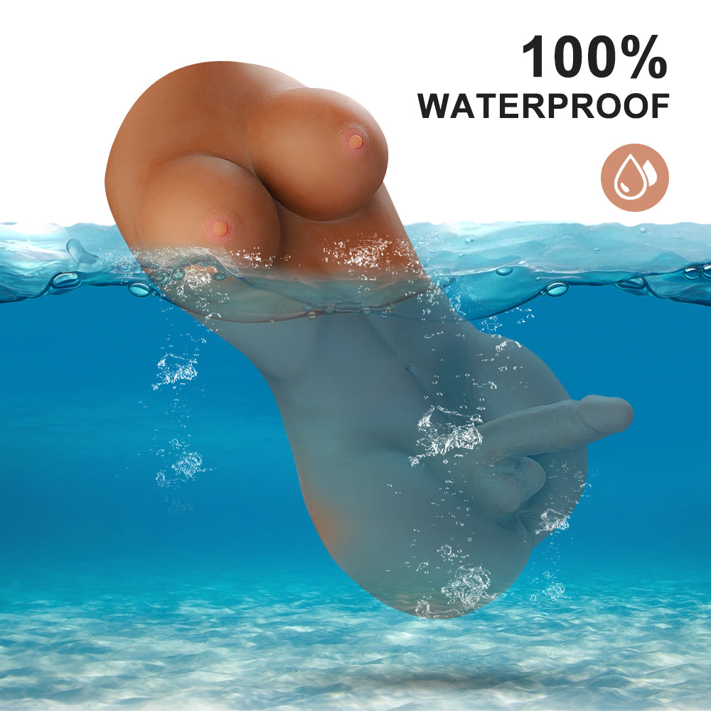 Dark-skinned shemale sex doll torso underwater, showcasing 100% waterproof feature with breasts and penis, water droplet icon next to '100% WATERPROOF' text