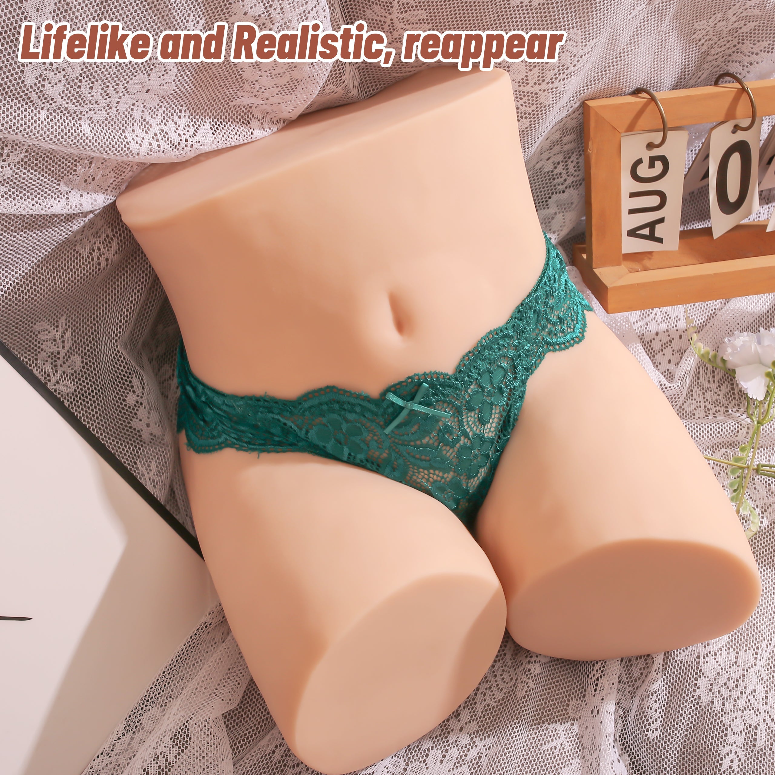 Lifelike male masturbator torso sex doll wearing green lace lingerie with text 'Lifelike and Realistic, reappear' displayed above.