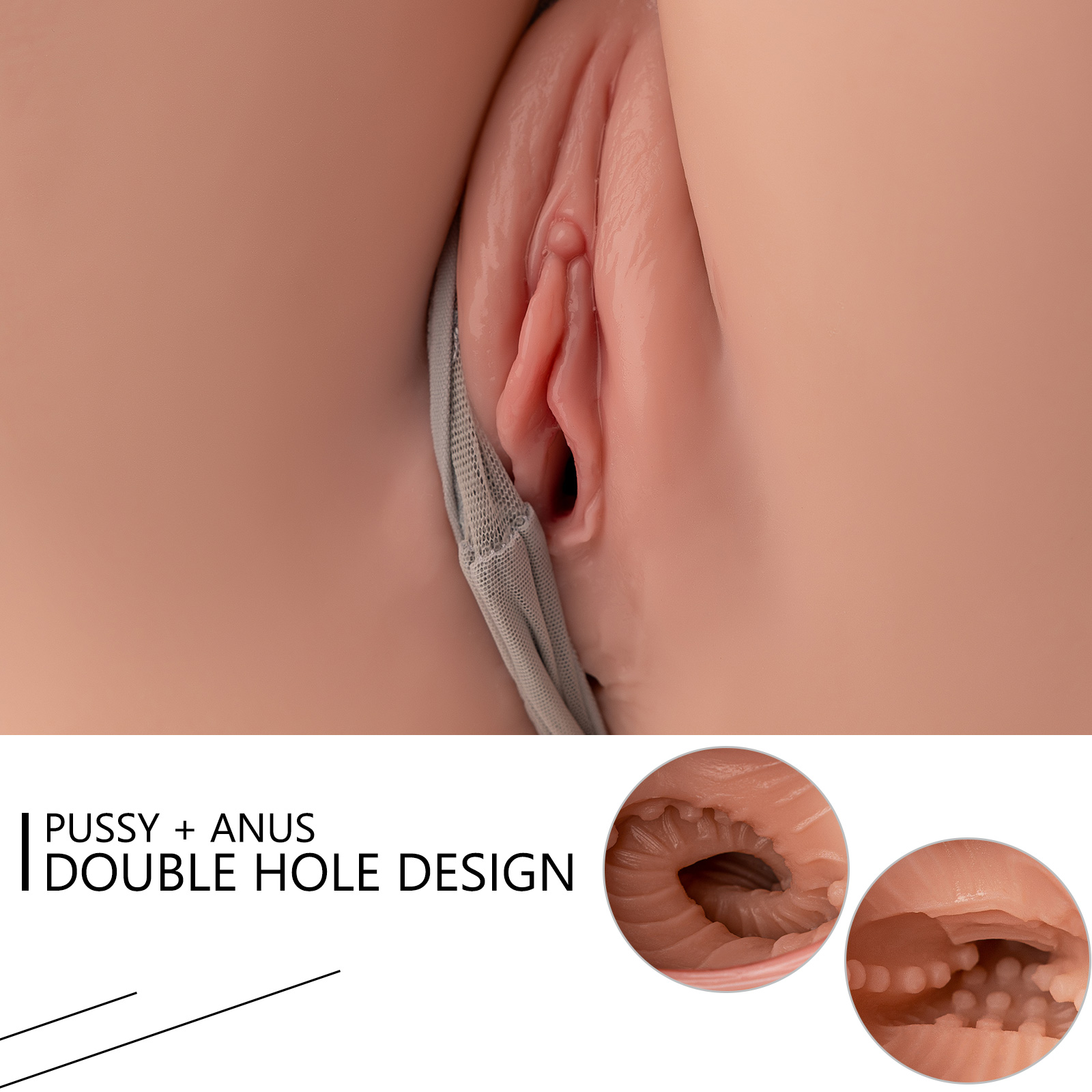 Close-up of Erica 2.0 realistic life-size torso sex doll's vagina and anus showing the double hole design, with insets of internal textures and text 'Pussy + Anus Double Hole Design'.
