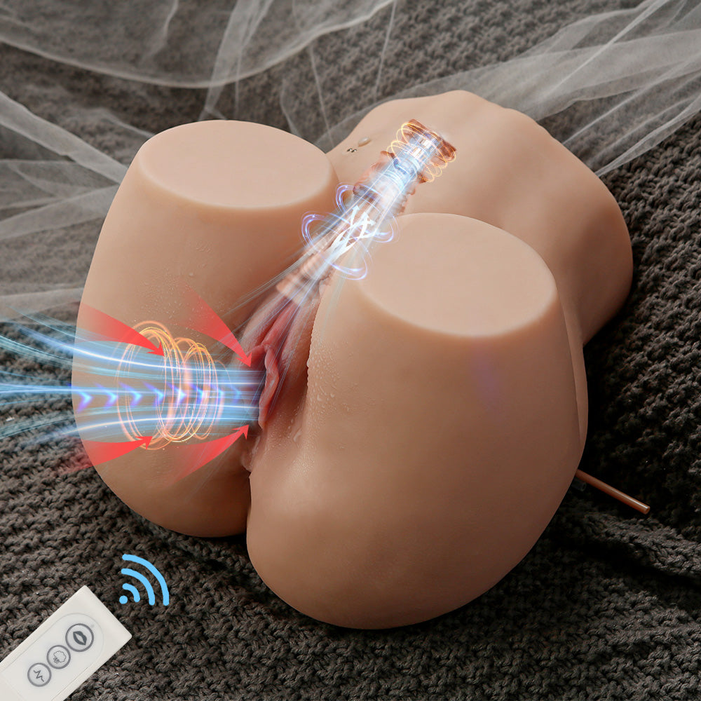 Agnes 13.4 LB vibrating torso sex doll with suction simulation and wireless remote control shown on a gray textured surface