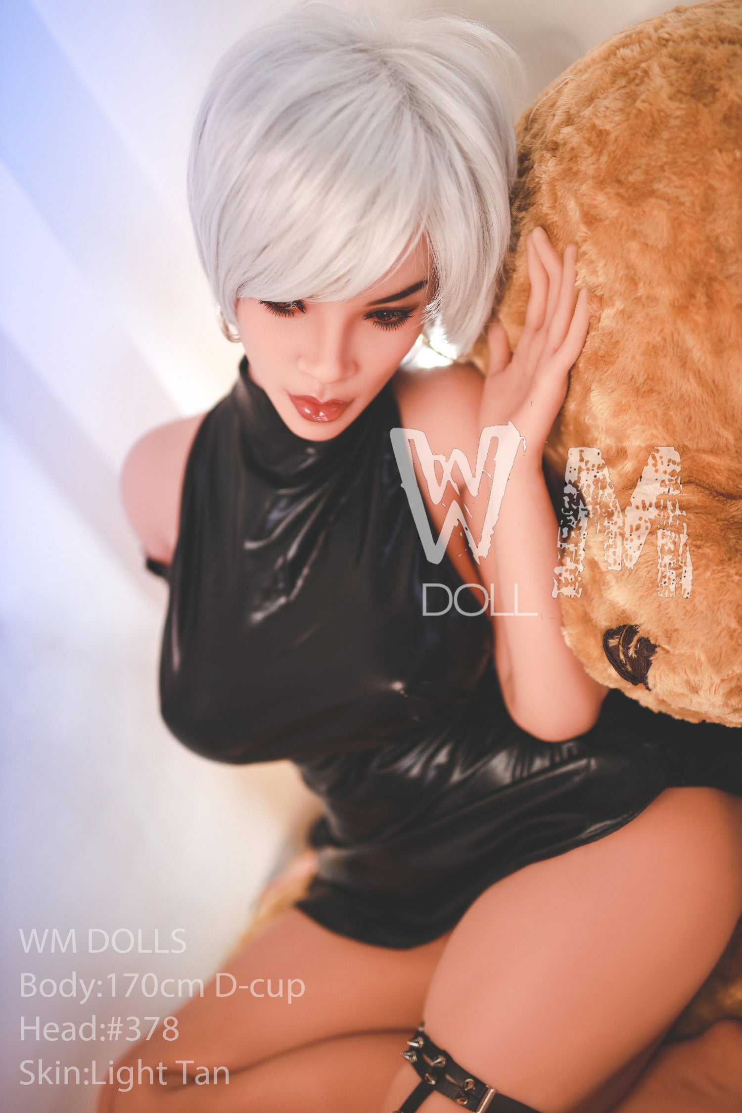 WM DOLLS 170cm D-cup doll, holding teddy bear and wearing black dress.