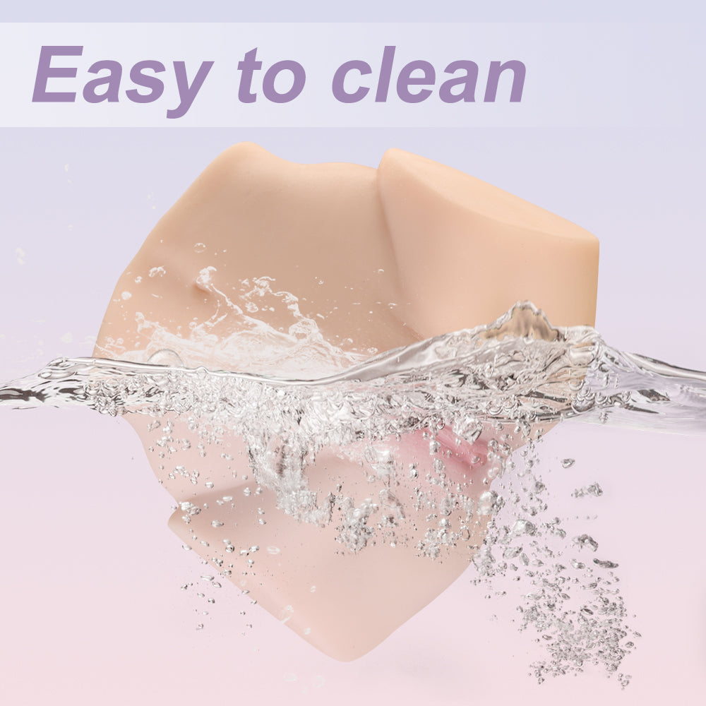 Realistic mini sex doll torso in water with splashes and text 'Easy to clean'.
