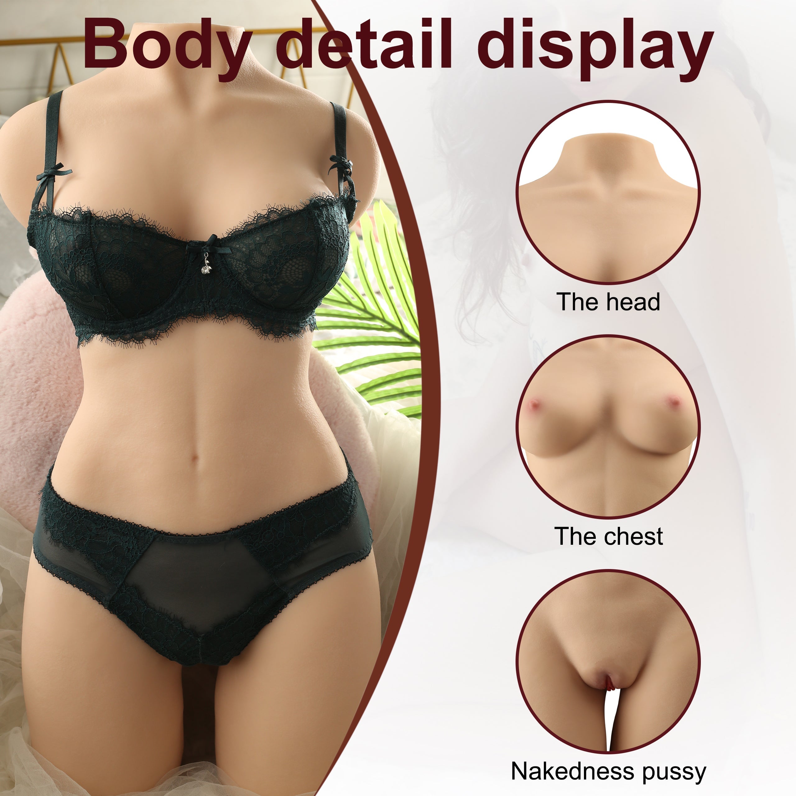Life-Size Torso Sexy Doll wearing black lace lingerie showcasing detailed body parts. Labels indicate 'The head,' 'The chest,' and 'Nakedness pussy'.