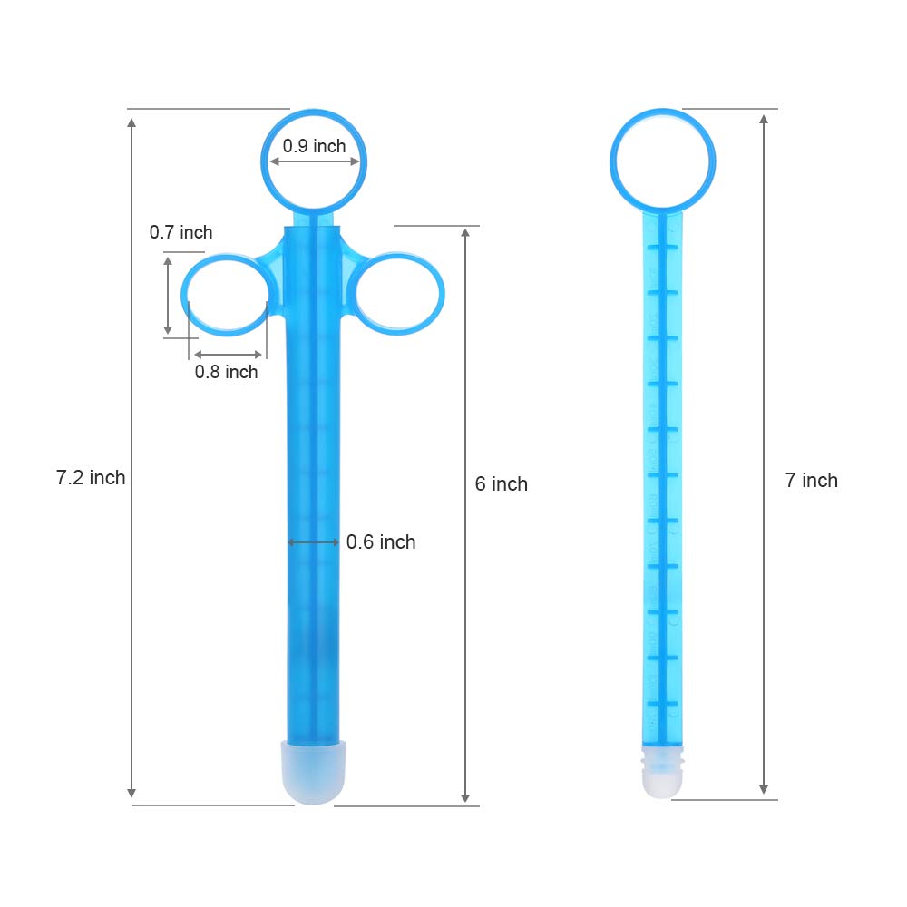 Blue lube applicators with dimensions: 7.2-inch length, 0.9-inch ring diameter, and 0.7-inch diameter smaller rings on the left applicator; 7-inch length and 6-inch diameter on the right applicator. For precise lubricant application on sex dolls.