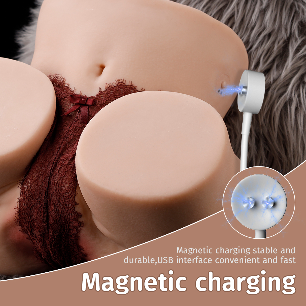 Sophia Auto torso sex doll with magnetic USB charging interface, emphasizing stability, durability, and convenient charging feature. Text overlay reads 'Magnetic charging stable and durable, USB interface convenient and fast'.