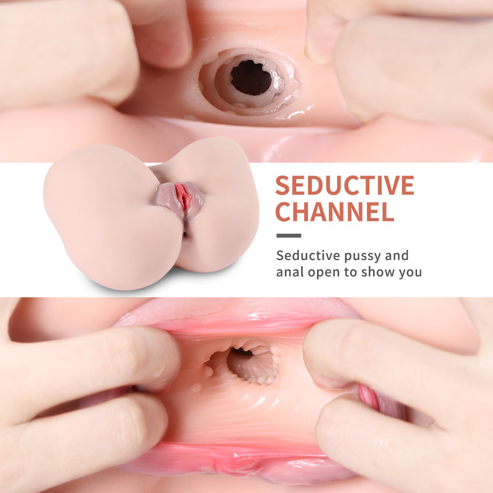 Detailed view of sex doll torso channels with 'Seductive Channel' and 'Seductive pussy and anal open to show you' text