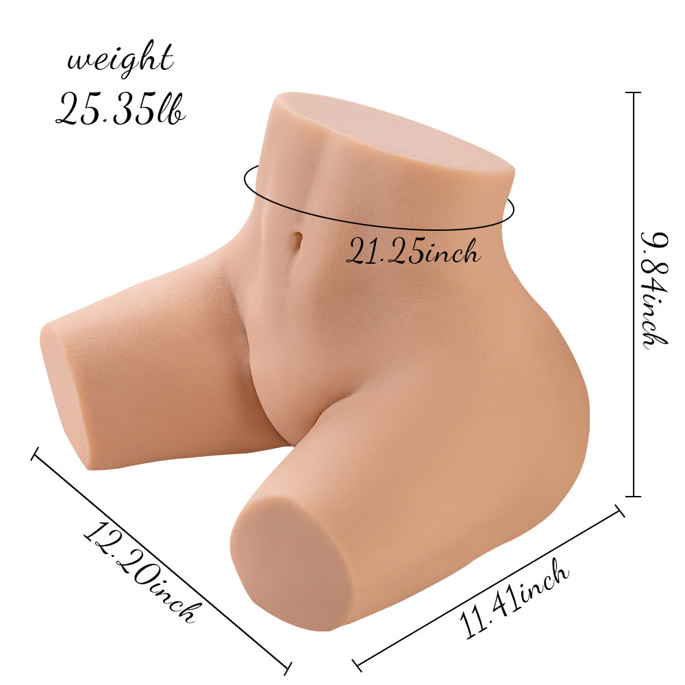 Realistic life-size torso sex doll with measurements showing weight 25.35lb, waist circumference 21.25 inches, length 9.84 inches, width 12.20 inches, and depth 11.41 inches.