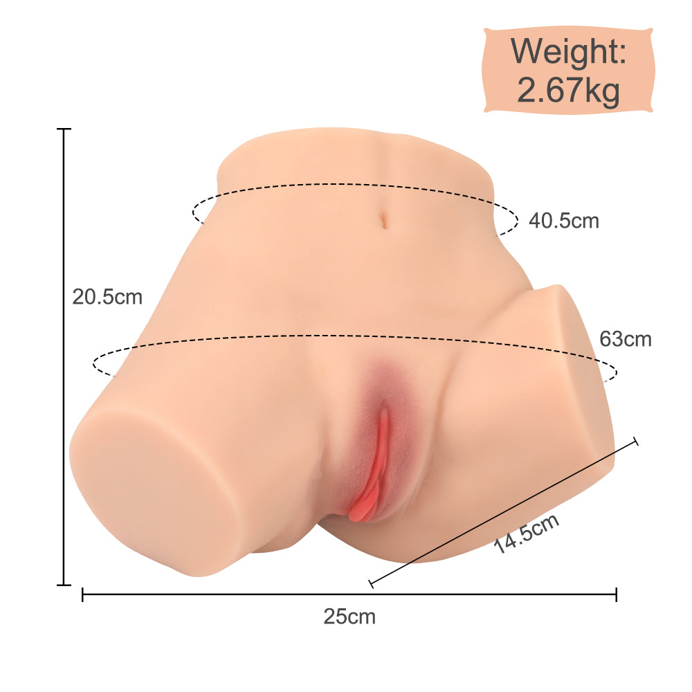 Realistic life-size love doll torso with detailed measurements: length 20.5cm, width 25cm, waist 40.5cm, hips 63cm, and vaginal length 14.5cm. Weight 2.67kg.