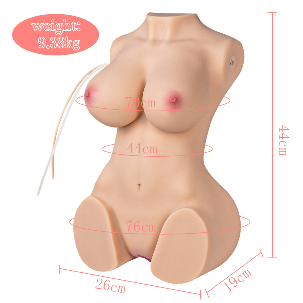 Realistic life-size sex doll torso with measurements for height, width, breast, waist, and hip circumference. Weight is 9.38kg.