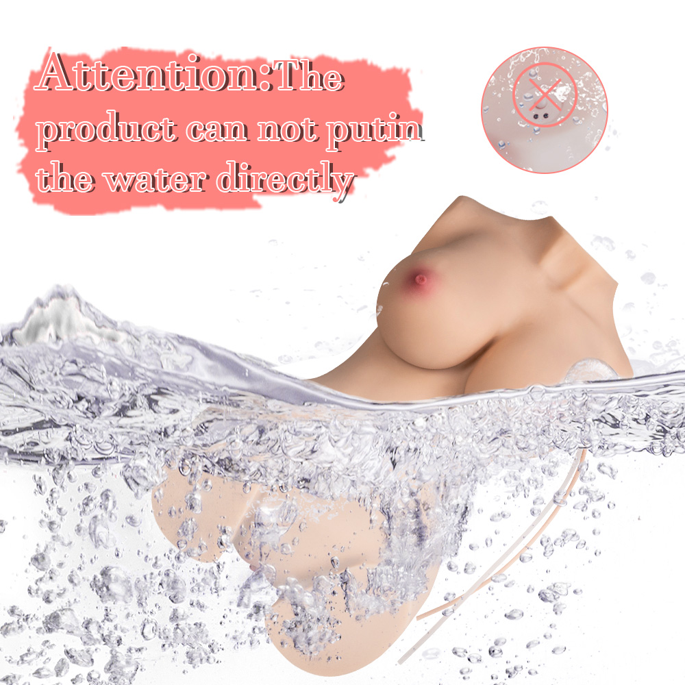 Realistic sex doll torso in water with warning message: The product cannot be put in the water directly, and a prohibited water submersion symbol.