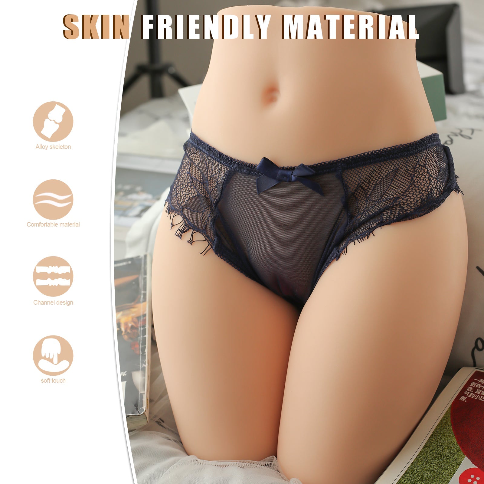 Realistic mini torso sex doll with blue lace panties. Text reads 'SKIN FRIENDLY MATERIAL' with icons for 'Alloy skeleton', 'Comfortable material', 'Channel design', and 'soft touch'.
