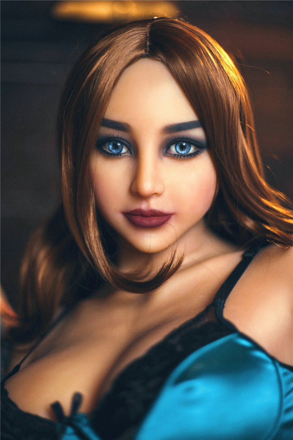 Miki 55.1lb TPE sex doll torso with head, realistic blue eyes, dark eye makeup, brown hair, and black and blue lingerie
