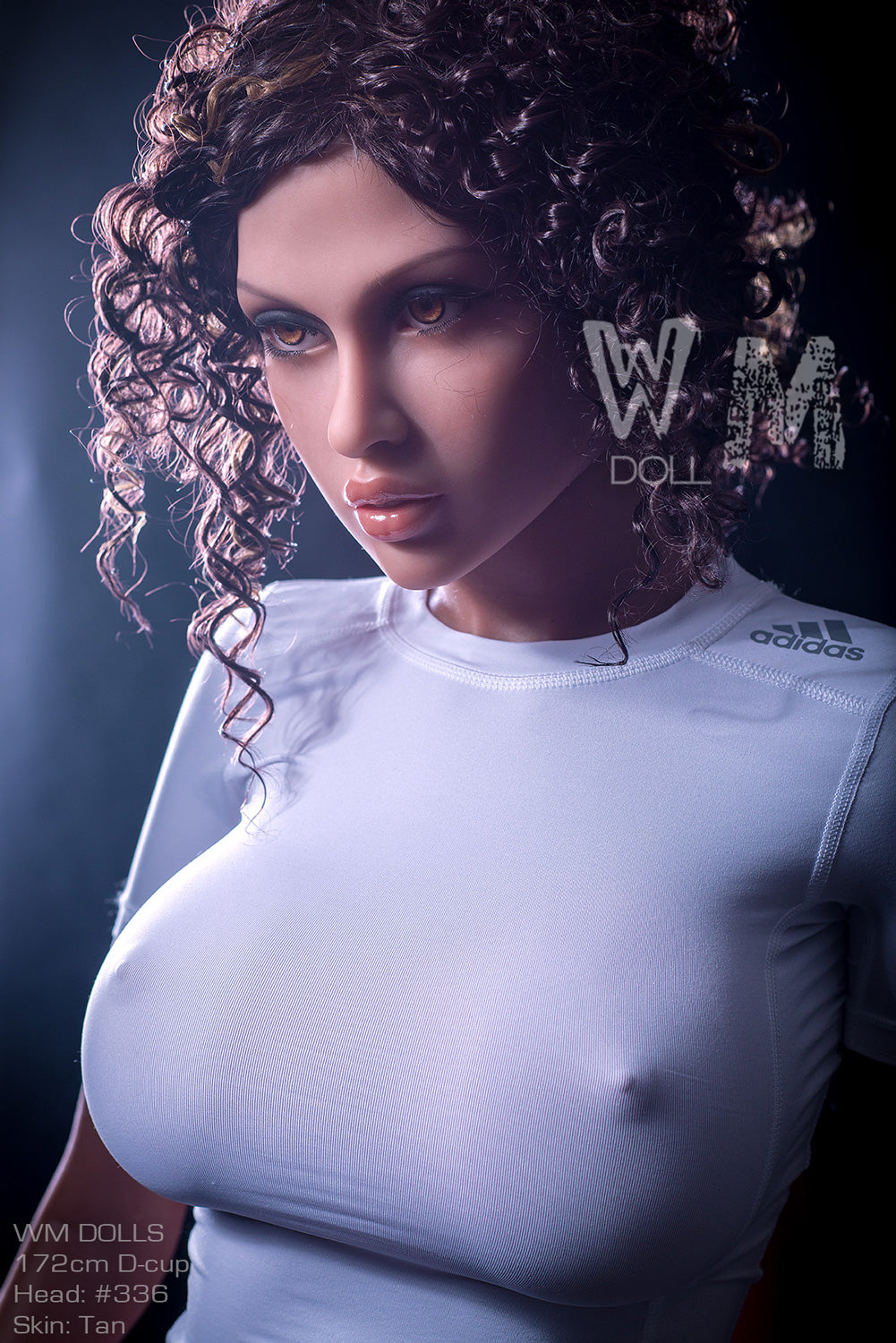 Darlene sex doll with curly hair, wearing white Adidas shirt