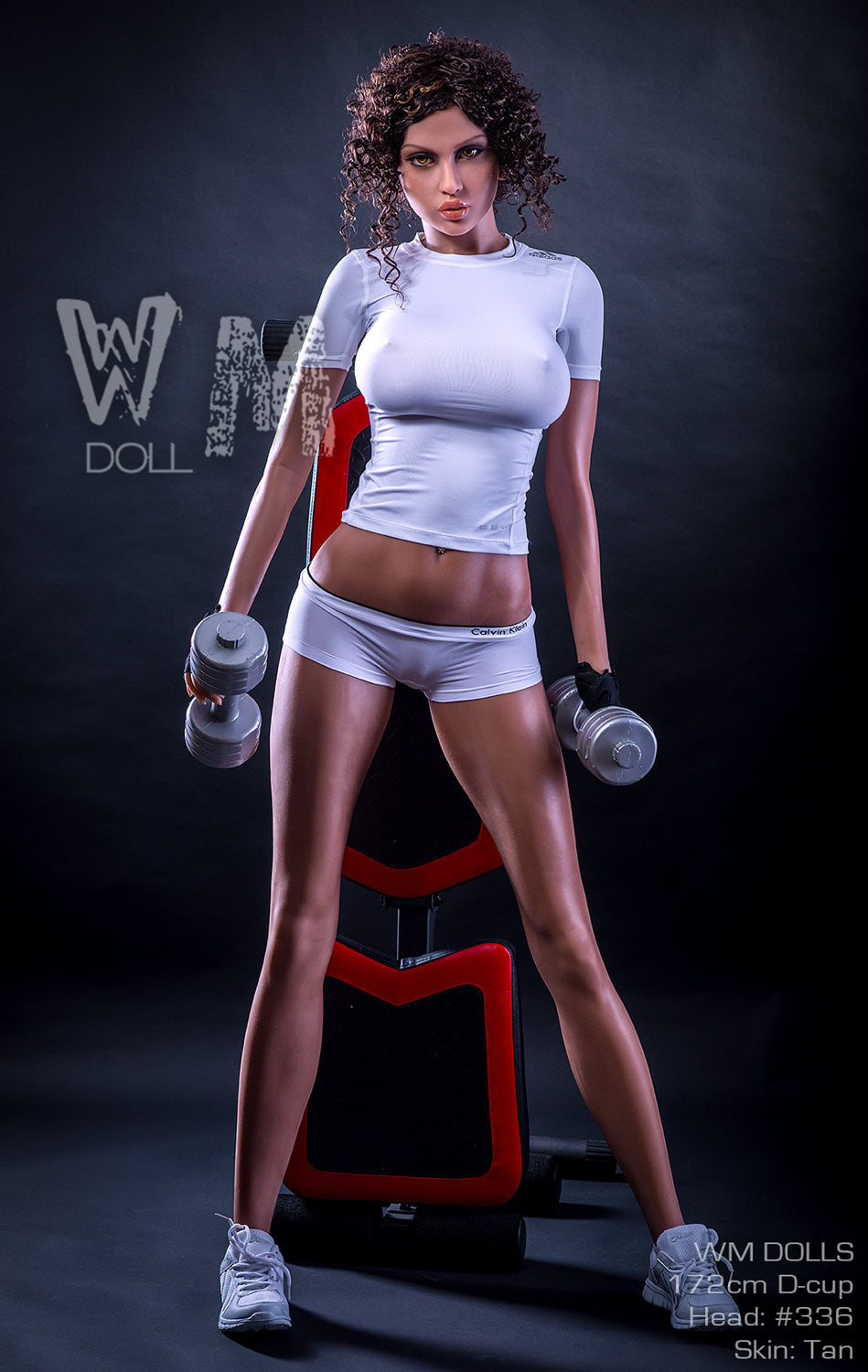 Darlene 172cm D-cup sex doll in white sportswear, holding dumbbells