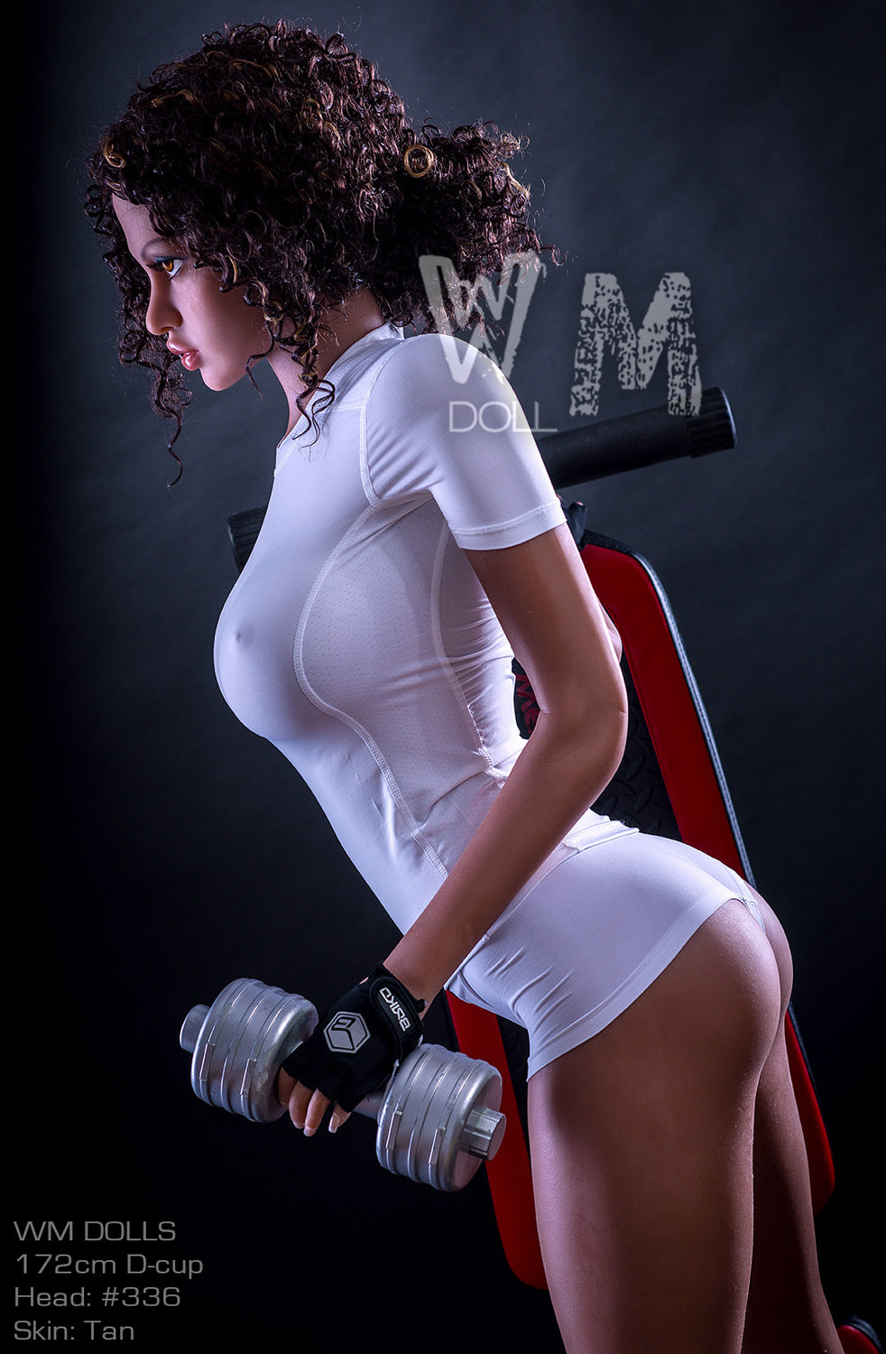 Darlene sex doll in sportswear, lifting weights, tan skin, by WM DOLLS