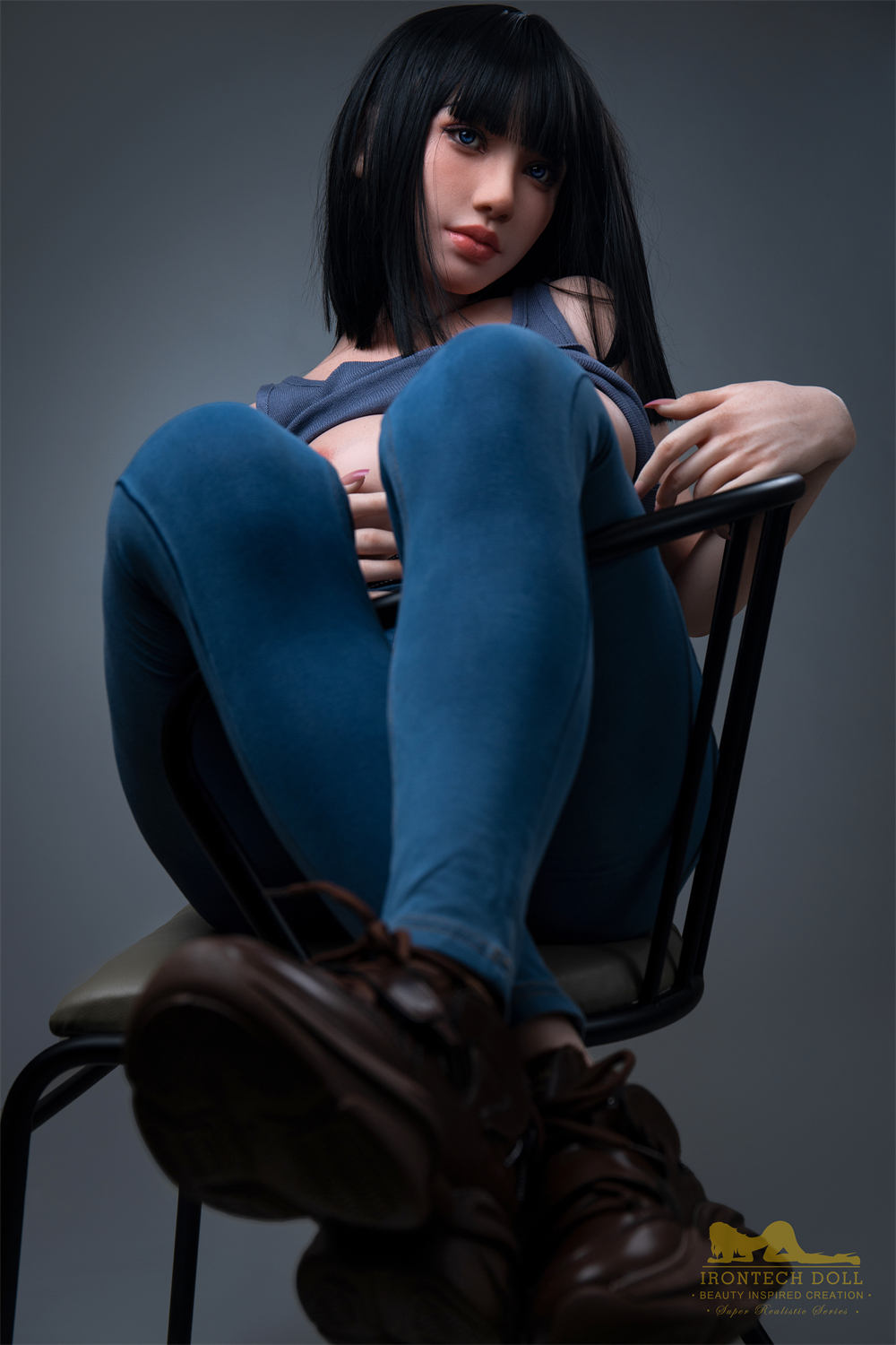Rita silicone sex doll sitting on a chair, Irontech Doll