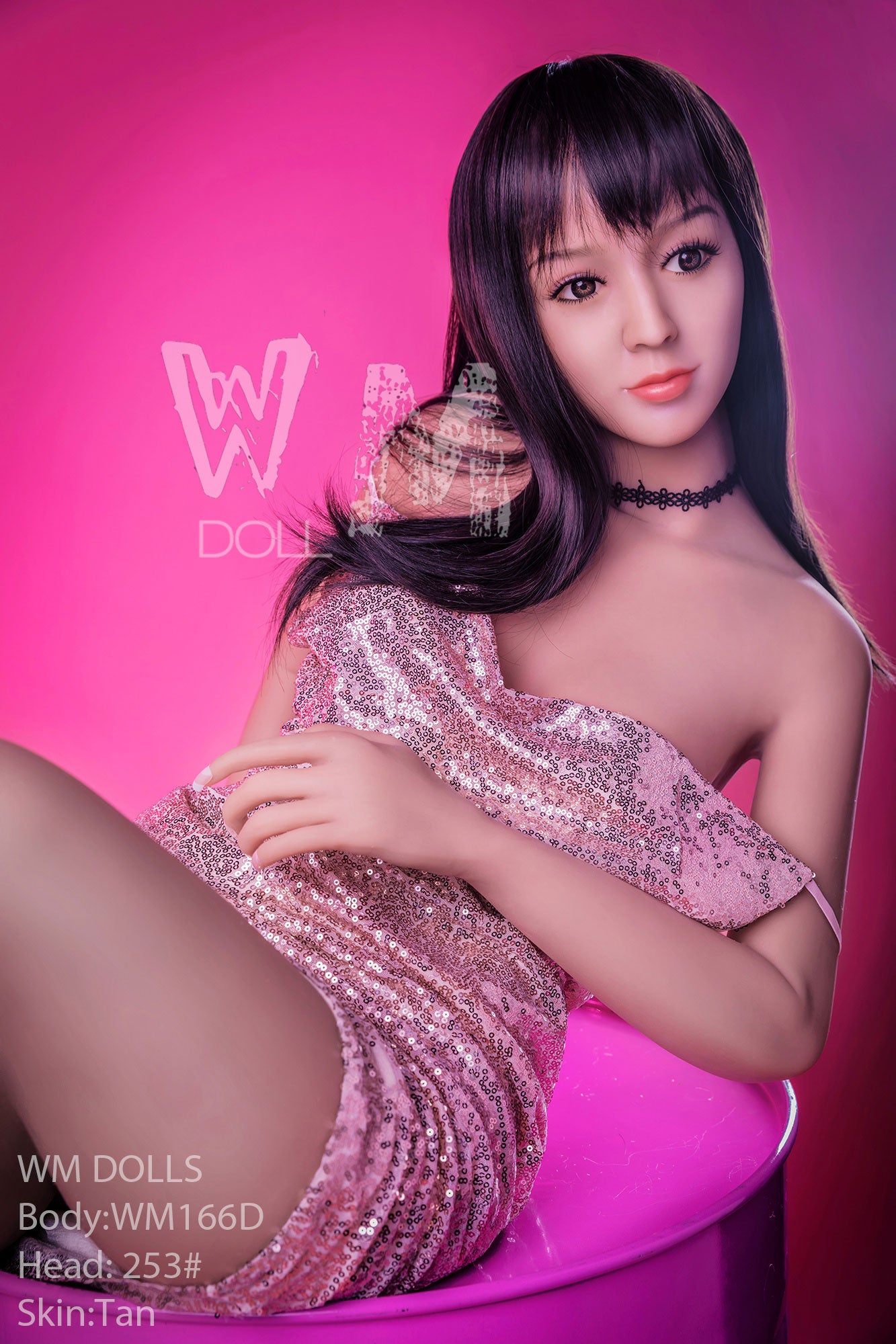 WM DOLLS Hazel sex doll wearing pink dress and choker