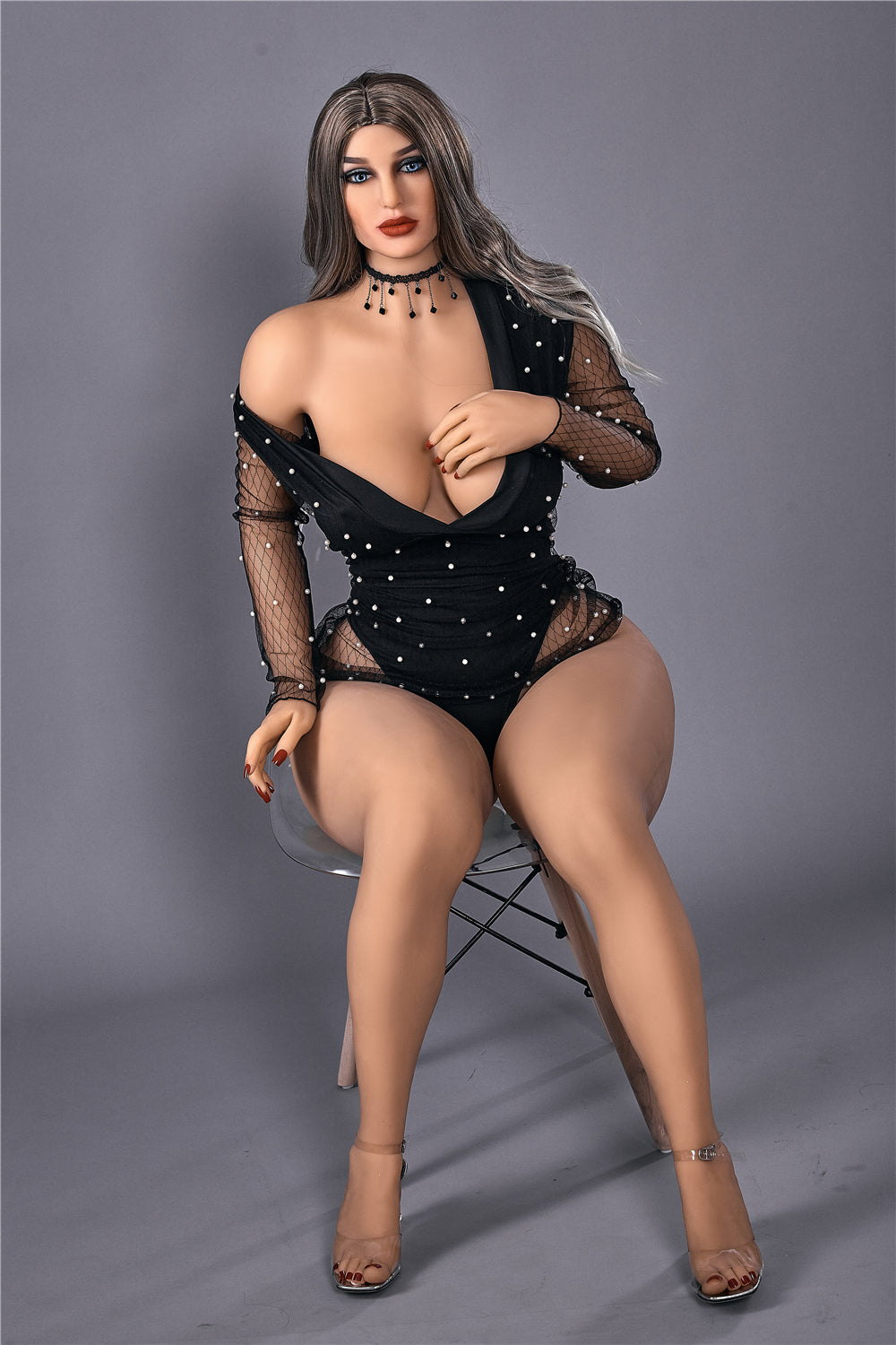 5ft1 Mia TPE sex doll, black bodysuit, clear chair