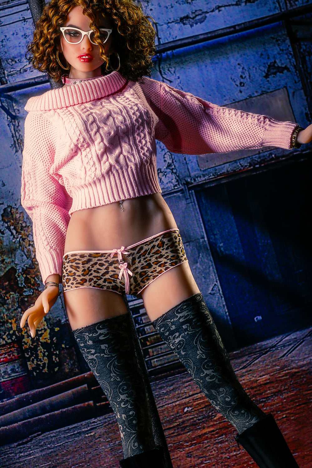 5ft5 TPE sex doll Selina Brown in pink sweater and leopard print lingerie
