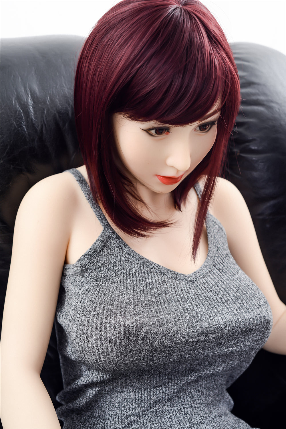 Jennifer TPE sex doll, red hair, gray top, focus on face
