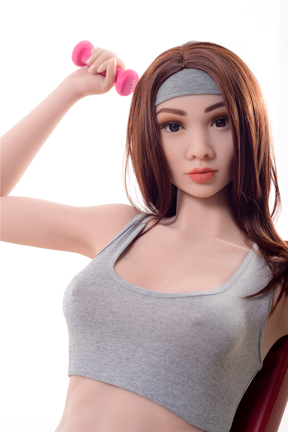Ayumi 5ft5 TPE sex doll holding pink dumbbell,sportswear