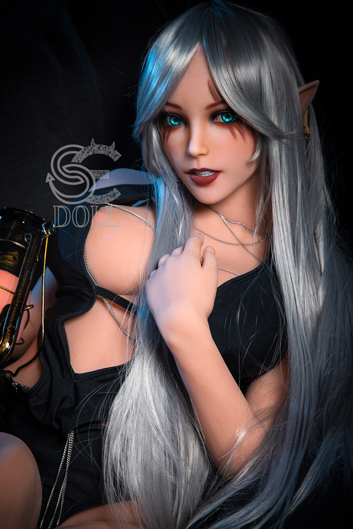Elf Elsa Sex Doll, Silver hair, blue eyes, black top