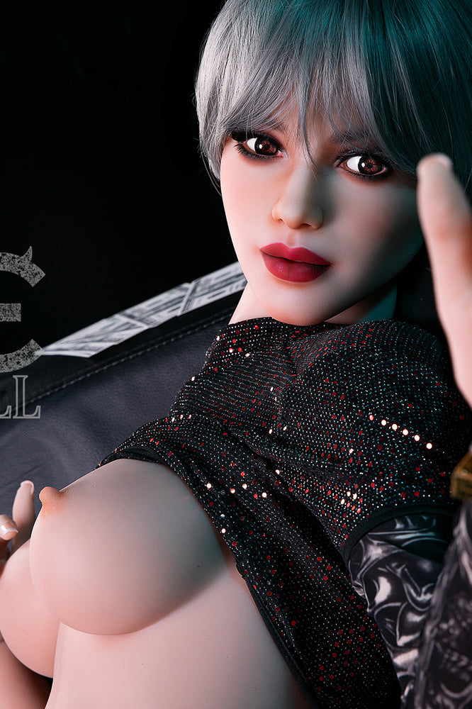 Mellanie sex doll with silver hair and black dress