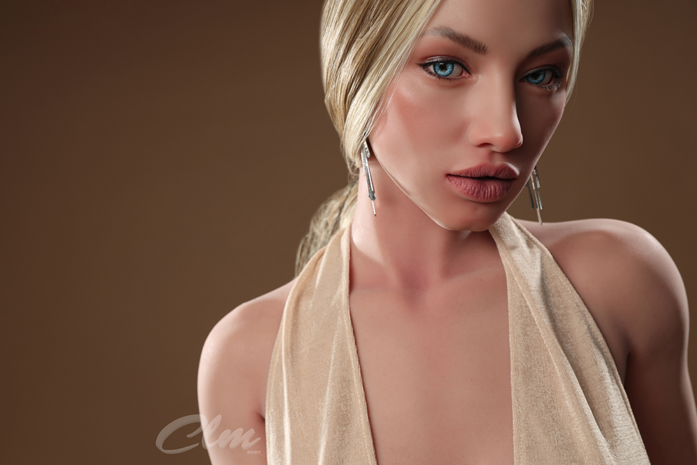 Sola sex doll portrait, blonde hair, blue eyes, gold dress, C Cup