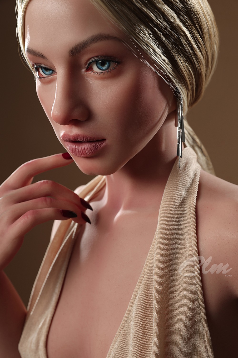 Realistic Sola sex doll portrait, blonde hair, blue eyes, 5ft15/157cm C Cup