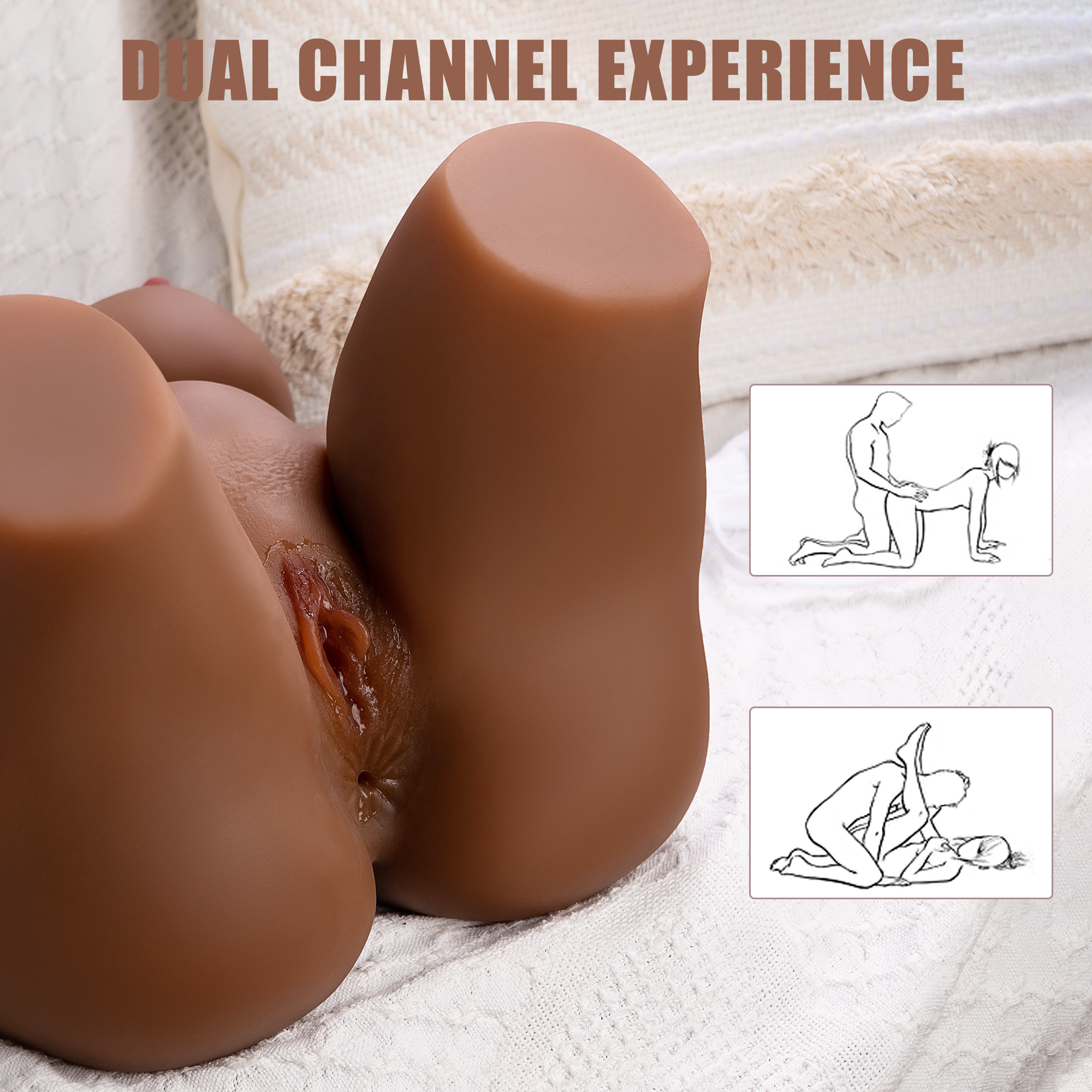 Close-up view of realistic BBW ebony torso sex doll with detailed vaginal and anal openings, illustrating dual channel experience with text and position diagrams.