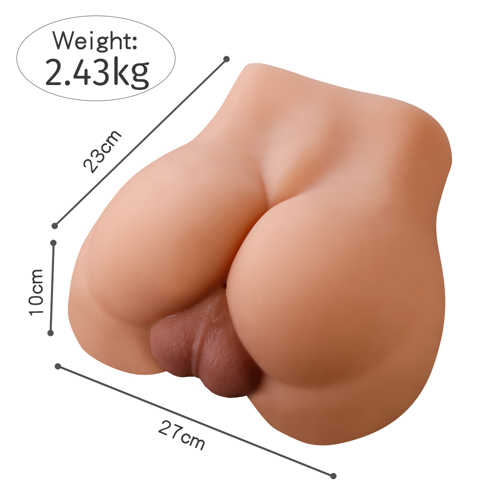 Realistic male torso sex doll with detailed buttocks and testicles, made of TPE material with dimensions labeled: length 23cm, width 27cm, and height 10cm. Weight shown as 2.43kg.