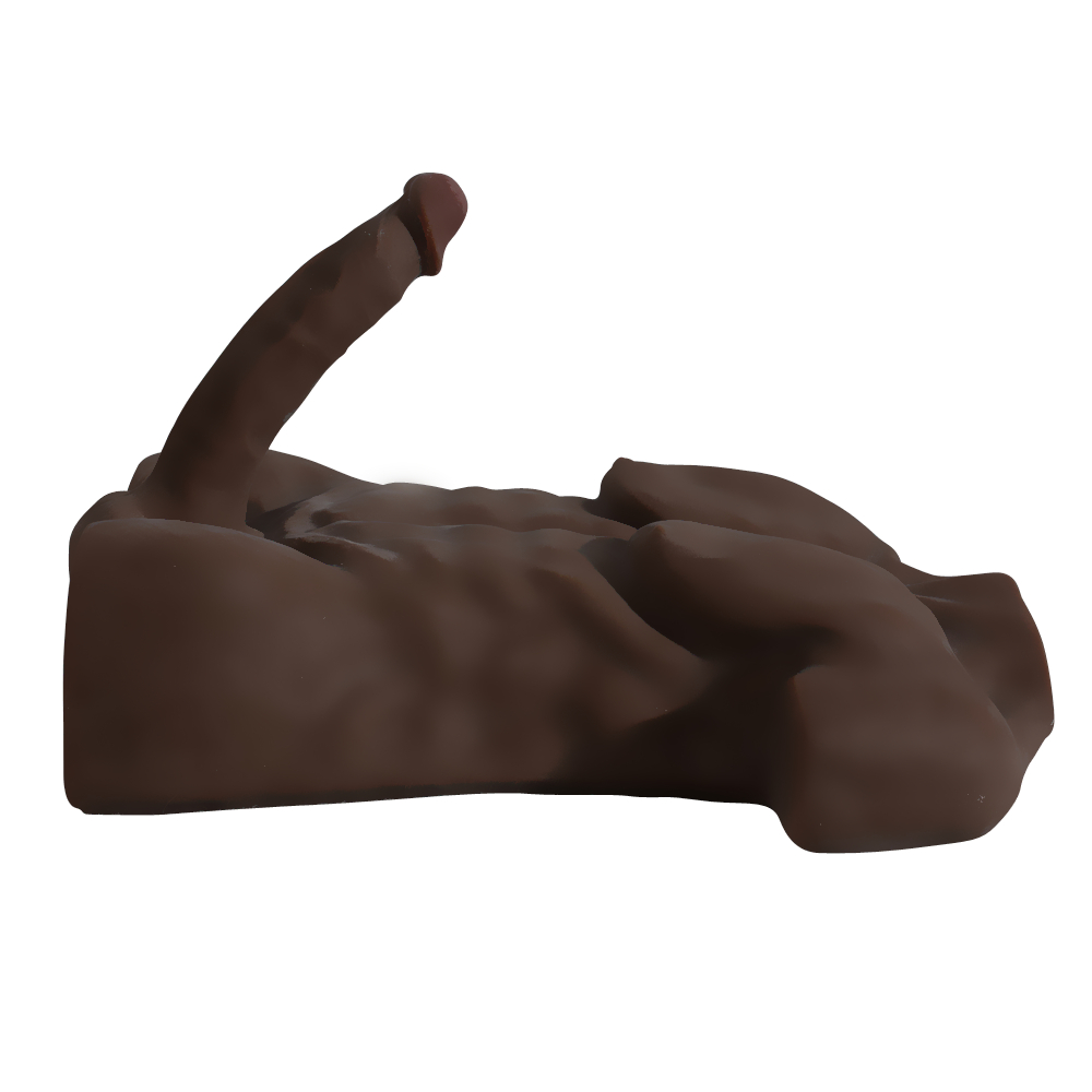 Side view of realistic dark chocolate-colored male torso sex doll with detailed abs and chest muscles, featuring a 7.9-inch erect dildo.