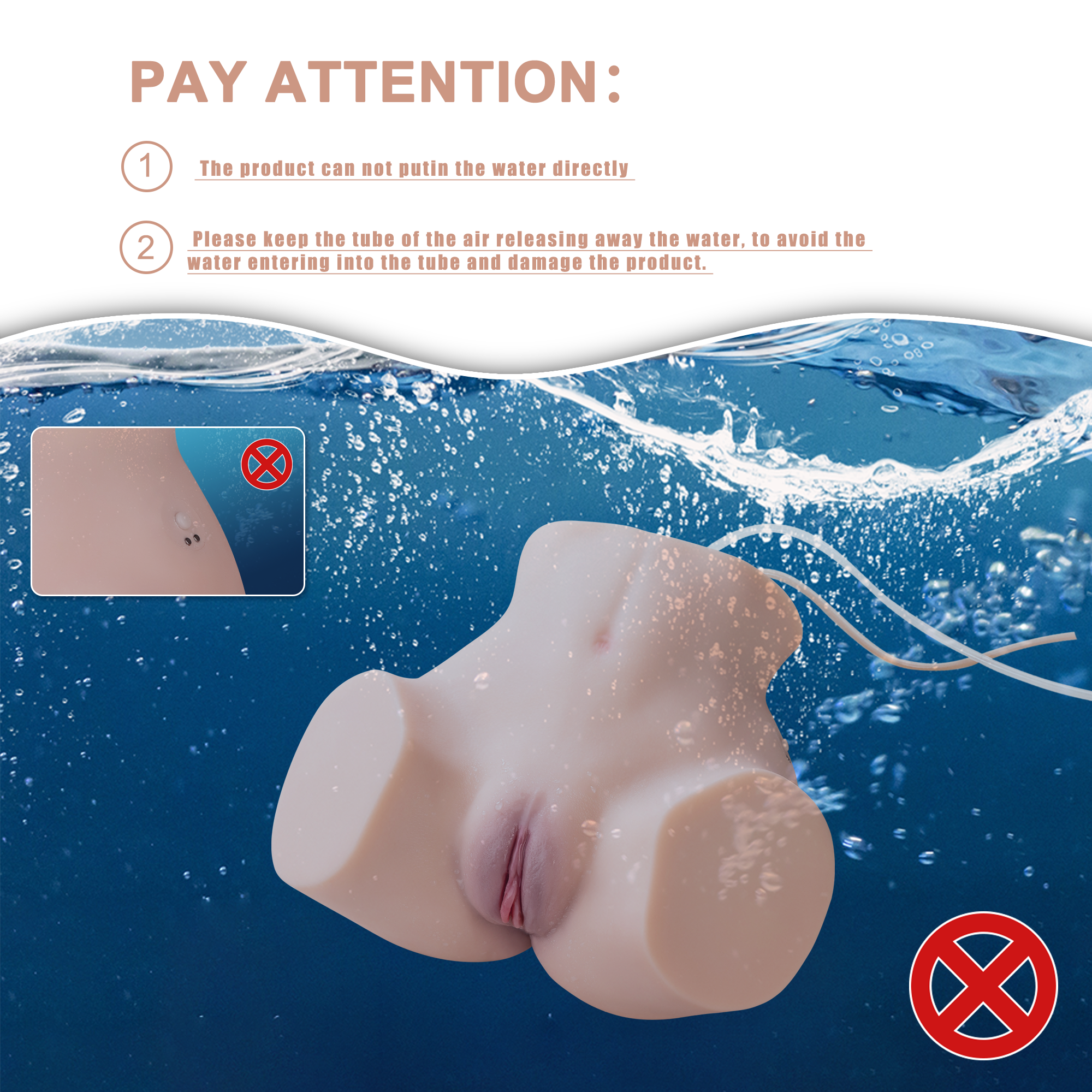 Sex doll torso submerged in water with cautionary text about not putting the product in water directly and keeping the air release tube away from water to prevent damage