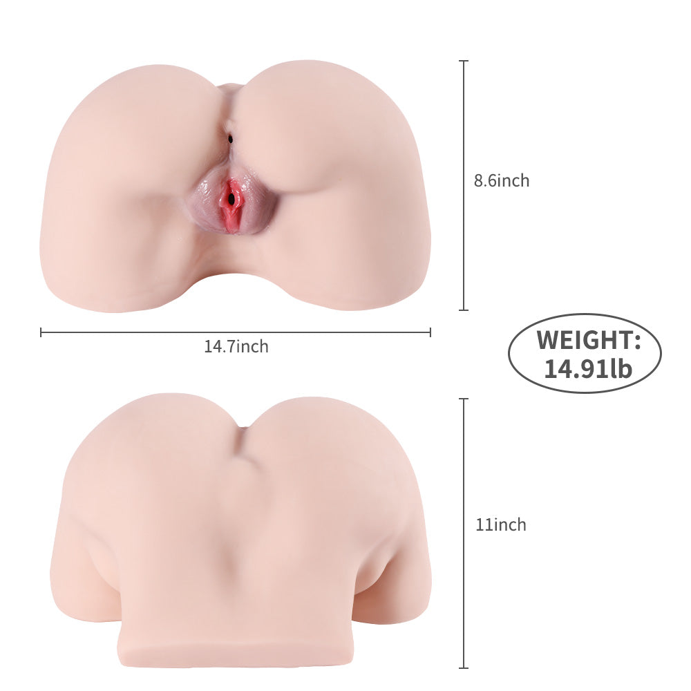 Realistic sex doll torso displaying buttocks and vaginal area. Dimensions shown: 14.7 inches wide, 8.6 inches high, and 11 inches long. Weight: 14.91 lbs.