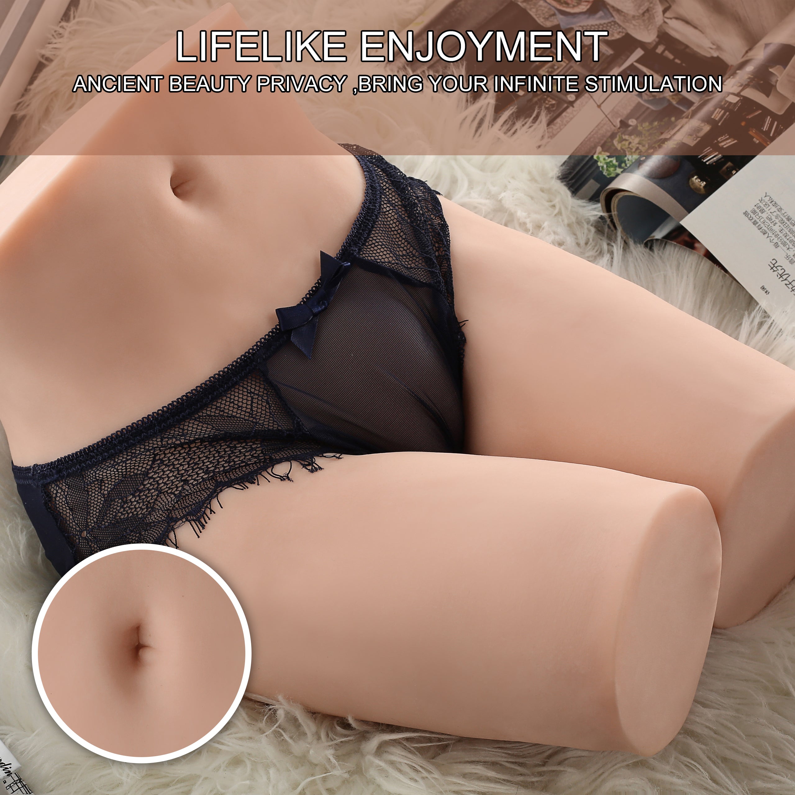 Realistic life-size torso sex doll wearing black lace panties from Lilysuck, text overlay reads 'LIFELIKE ENJOYMENT, ANCIENT BEAUTY PRIVACY, BRING YOUR INFINITE STIMULATION.'