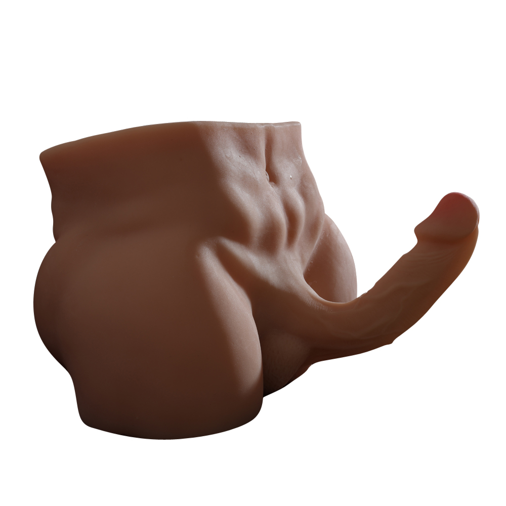 Realistic male torso sex doll with erect penis and detailed testicles, made of body-safe TPE material.