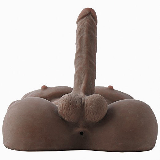 Male torso sex doll with erect penis and detailed testicles made of dark-colored TPE material