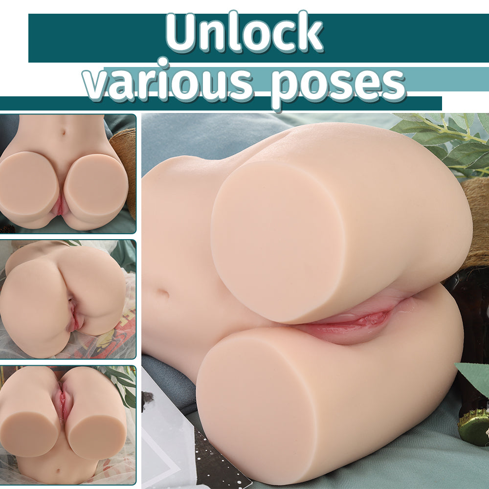 Realistic life-size sex doll torso made of TPR material displayed in different poses with the text 'Unlock various poses'.