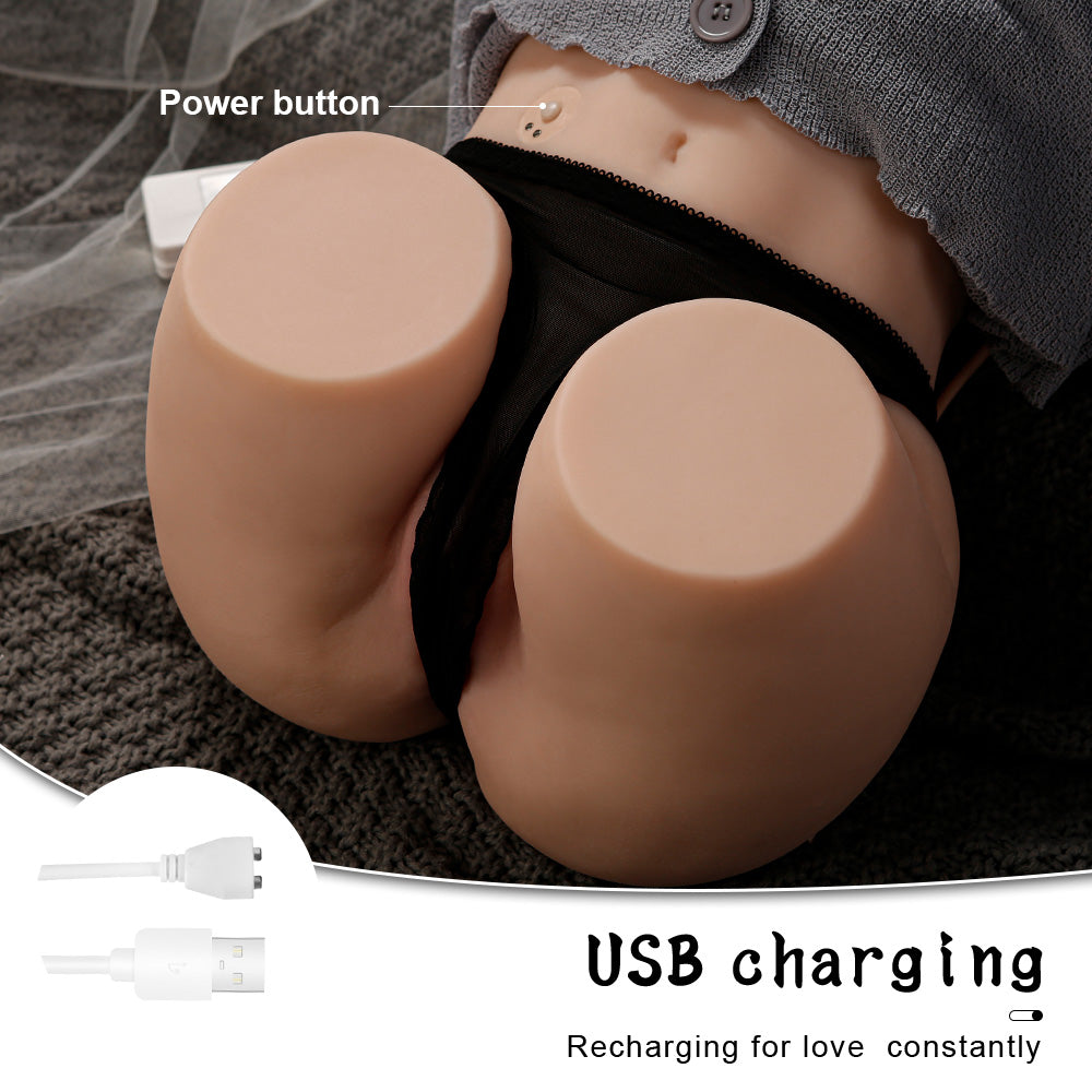 Realistic life-size torso sex doll with USB charging and power button, wearing black lingerie. Text states 'USB charging' and 'Recharging for love constantly'.