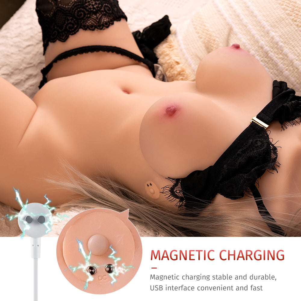 Close-up of Isabella Auto sex doll torso in black lace lingerie, showing realistic breasts and magnetic USB charging interface. Text: 'MAGNETIC CHARGING - Magnetic charging stable and durable, USB interface convenient and fast.'