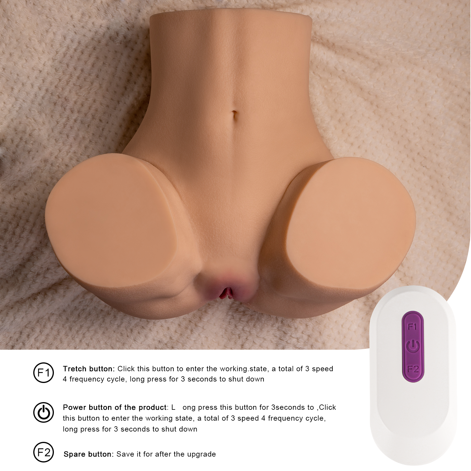 Top view of Gina Auto thrusting sex doll ass torso on beige blanket, with remote control and instruction text describing button functions.