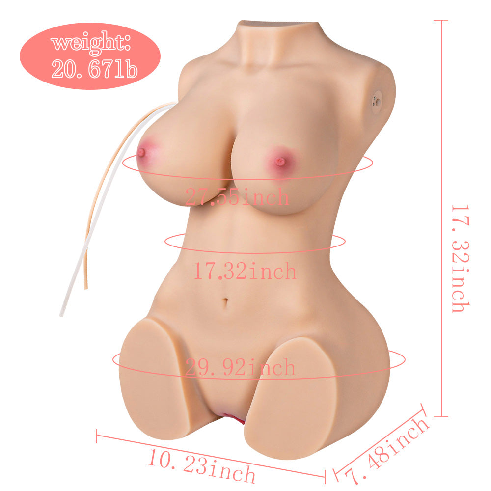 Realistic life-size sex doll torso with soft TPR material, featuring breasts, vaginal and anal passages. Measurements: 27.55 inches breast, 17.32 inches waist, 29.92 inches hip, 17.32 inches height. Weight: 20.67lb.