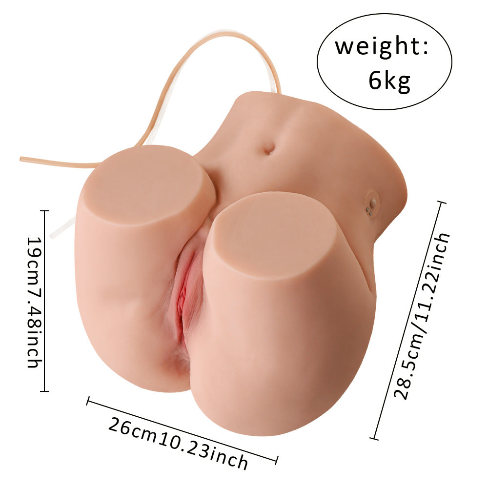 Realistic mini TPE sex doll torso showing dimensions of 19cm depth, 26cm width, and 28.5cm height with a weight of 6kg.