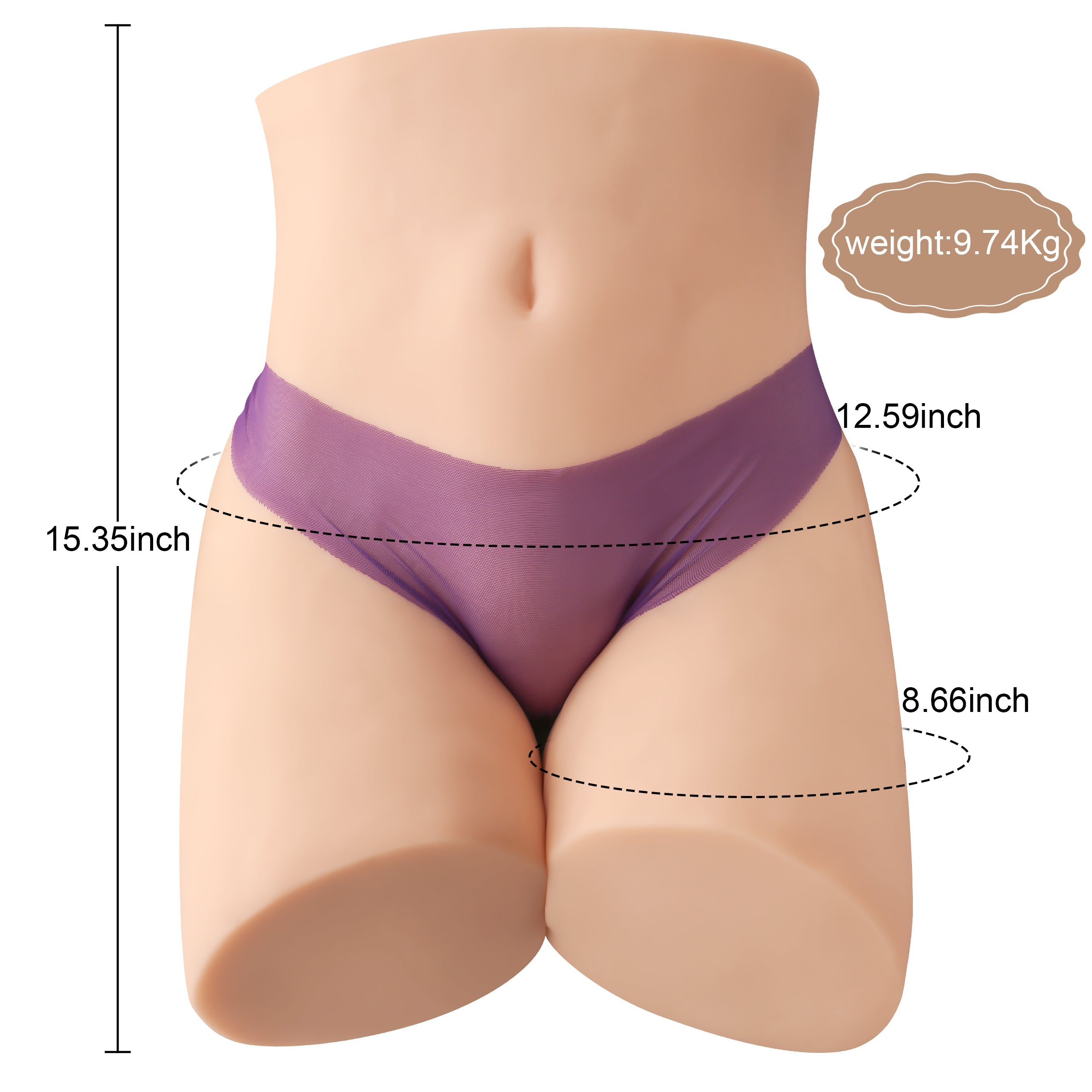 Lifelike torso sex doll in purple panties with measurements displayed: height 15.35 inches, width 12.59 inches at the hips, depth 8.66 inches, and weight 9.74 kg.