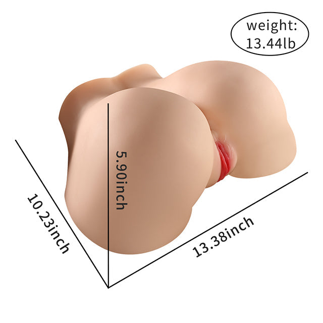 Realistic life-size sex doll torso rear view with dimensional markers: 10.23 inches width, 13.38 inches length, 5.90 inches depth, weight 13.44 pounds