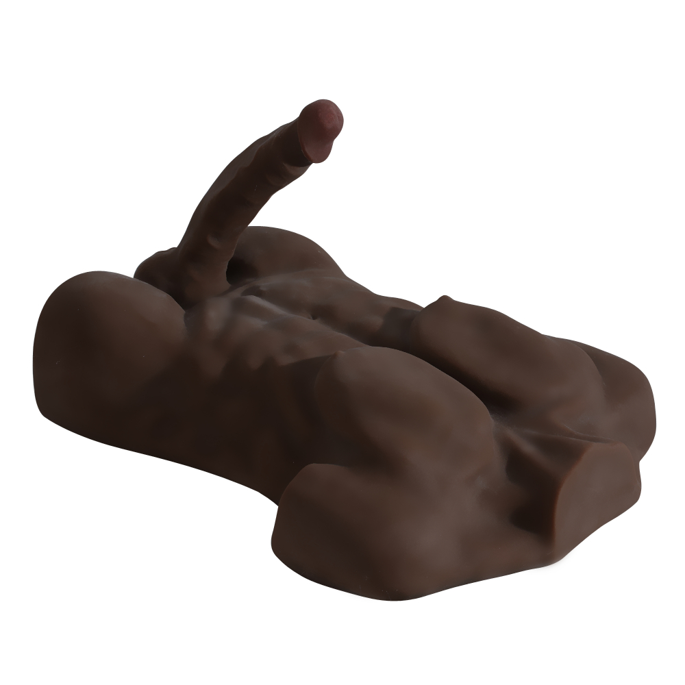 Dark chocolate-colored male torso sex doll with detailed chest and abs, featuring an erect 7.9-inch dildo, displayed on a solid white background.